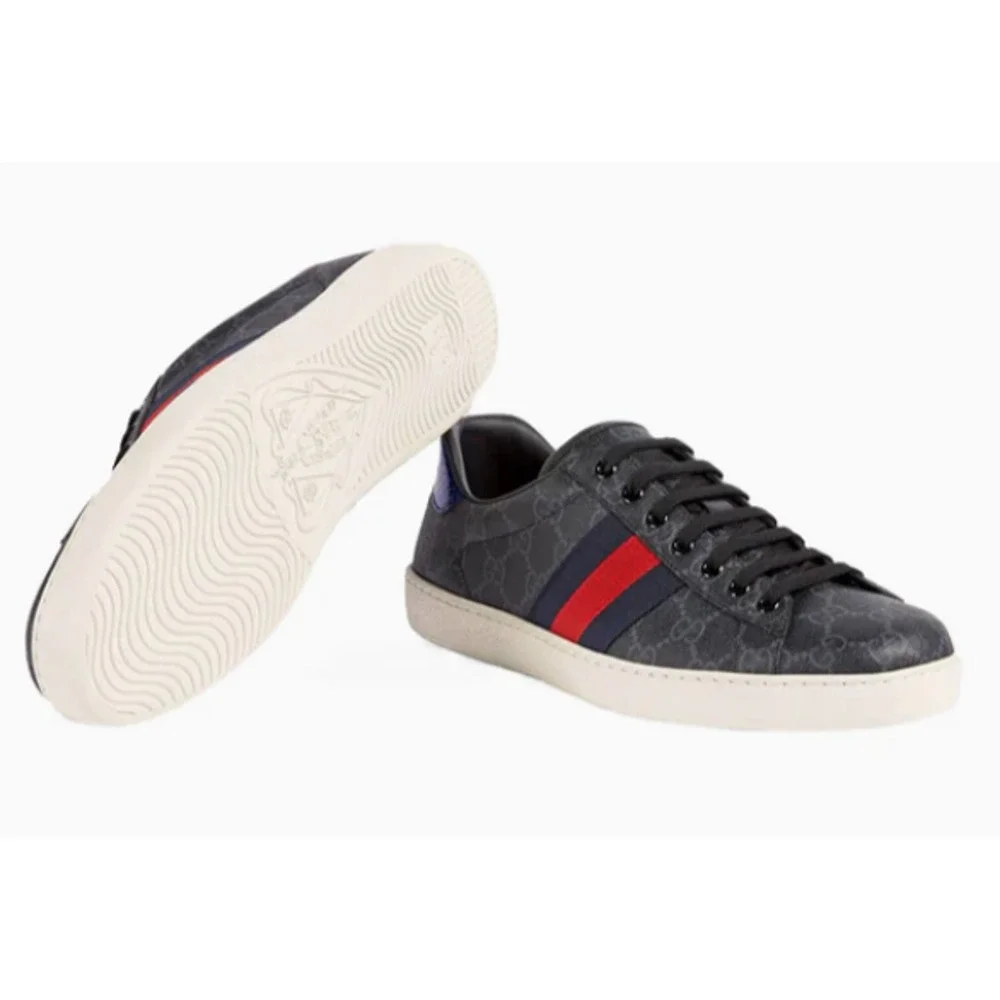 Gucci Ace GG Supreme Monogram Low Top Sneakers Black Gray Mens Size US 9.5 - Picture 2 of 9